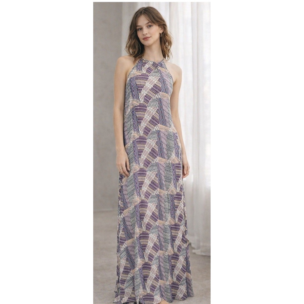 Ruizio‎ Purple Geometric Patchwork Halter Maxi Dress Cotton Boho L Resort Boho